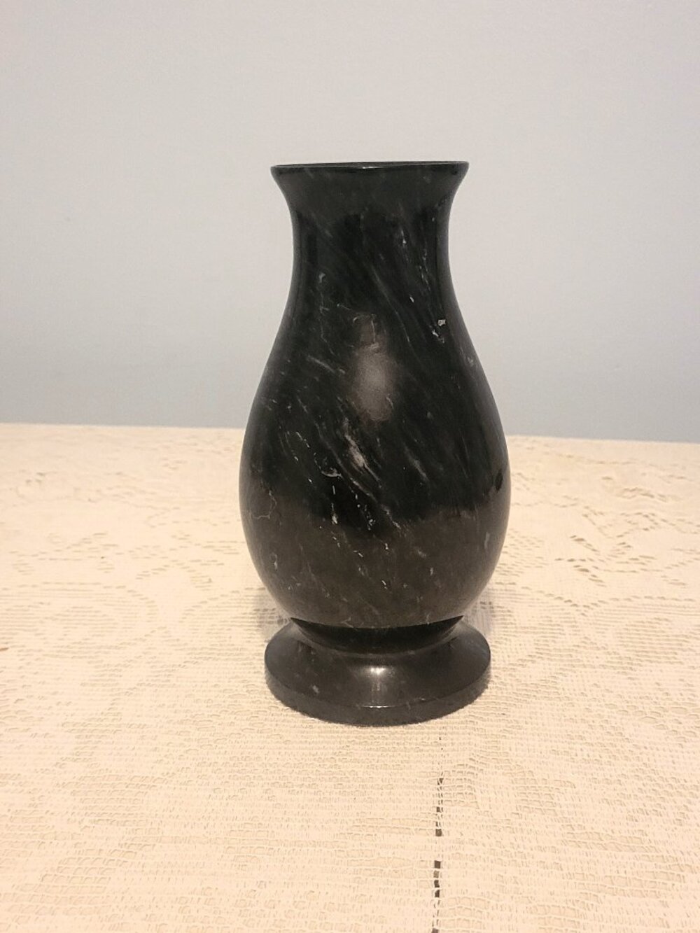 Vintage Black Marble Vase 8” Tall with White Veining & Faint Etched Details